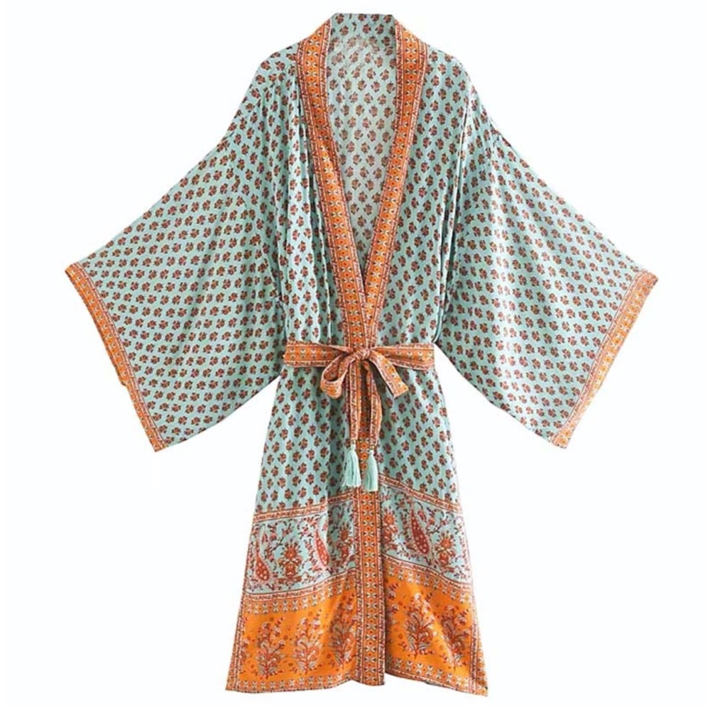 Red boho  Floral print Kimono Beach Cover Belted - Picture 7 of 14